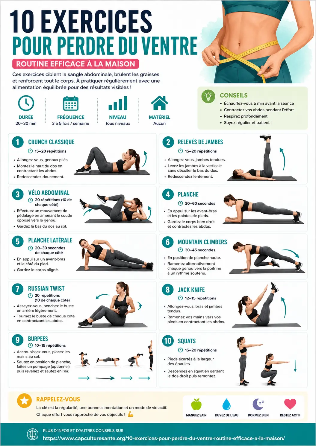 10 exercices pour perdre du ventre - Infographie PDF à imprimer