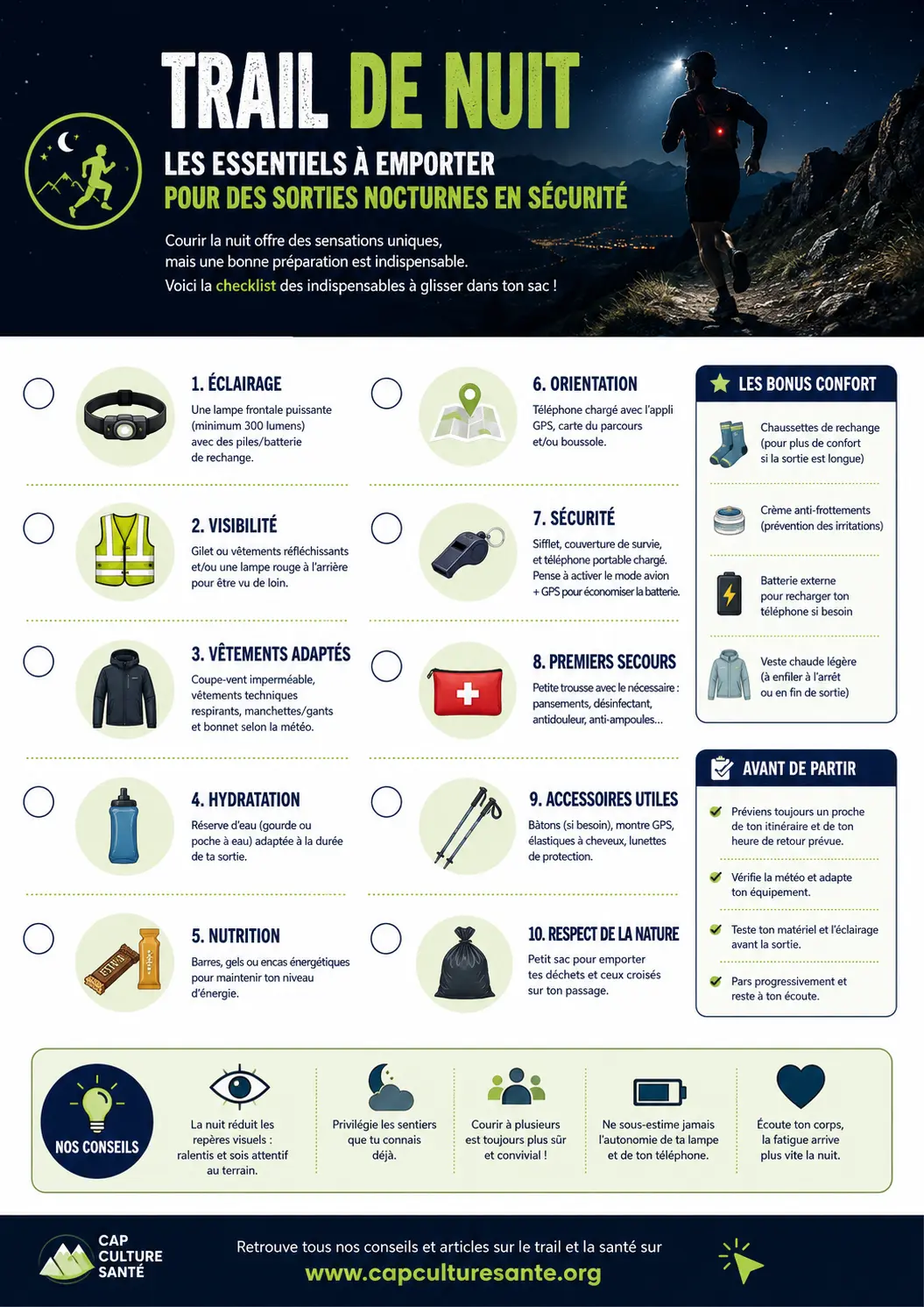 Checklist trail de nuit - liste à imprimer